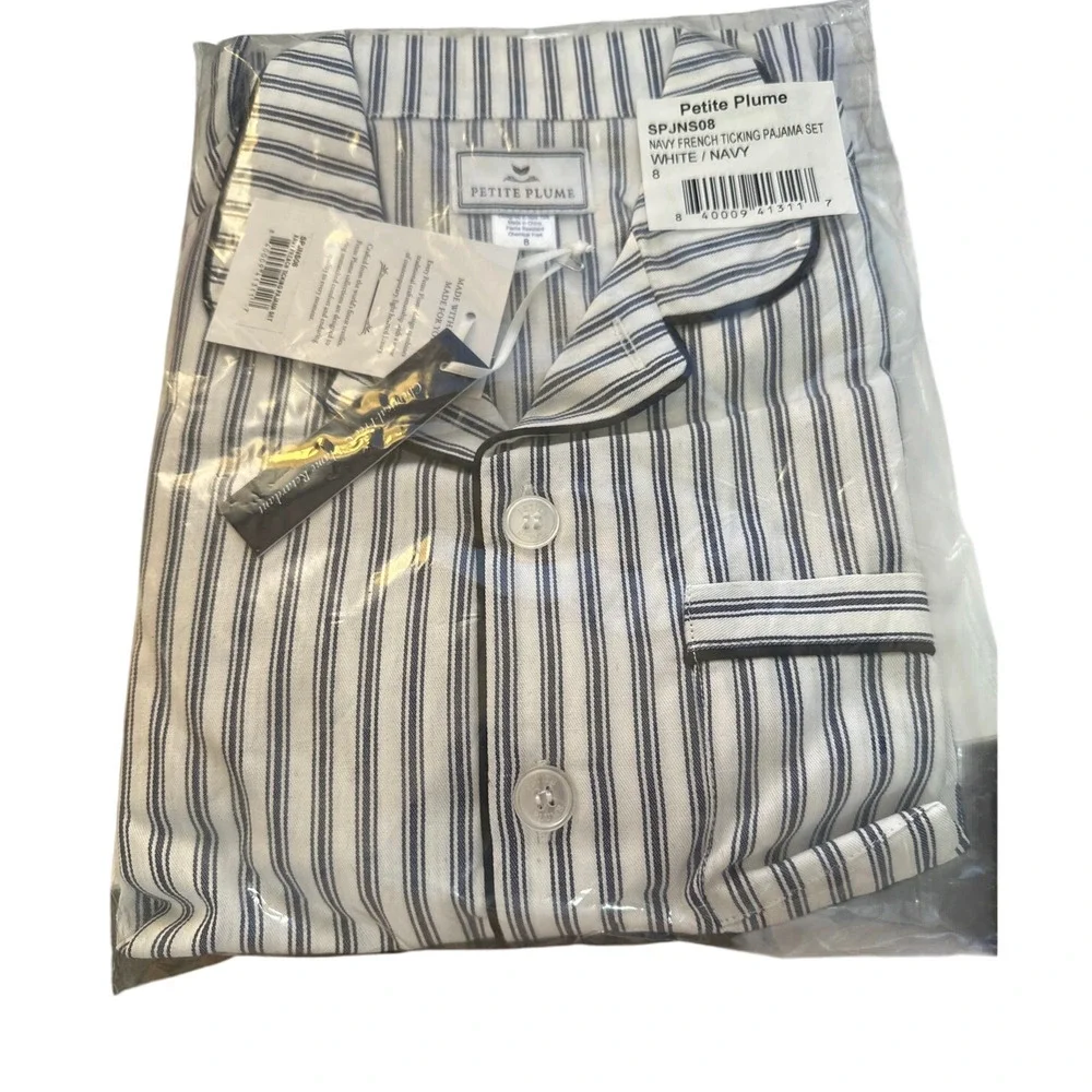 Petite Plume Kids' Ticking Stripe Pajama Set Navy French Size 8 New